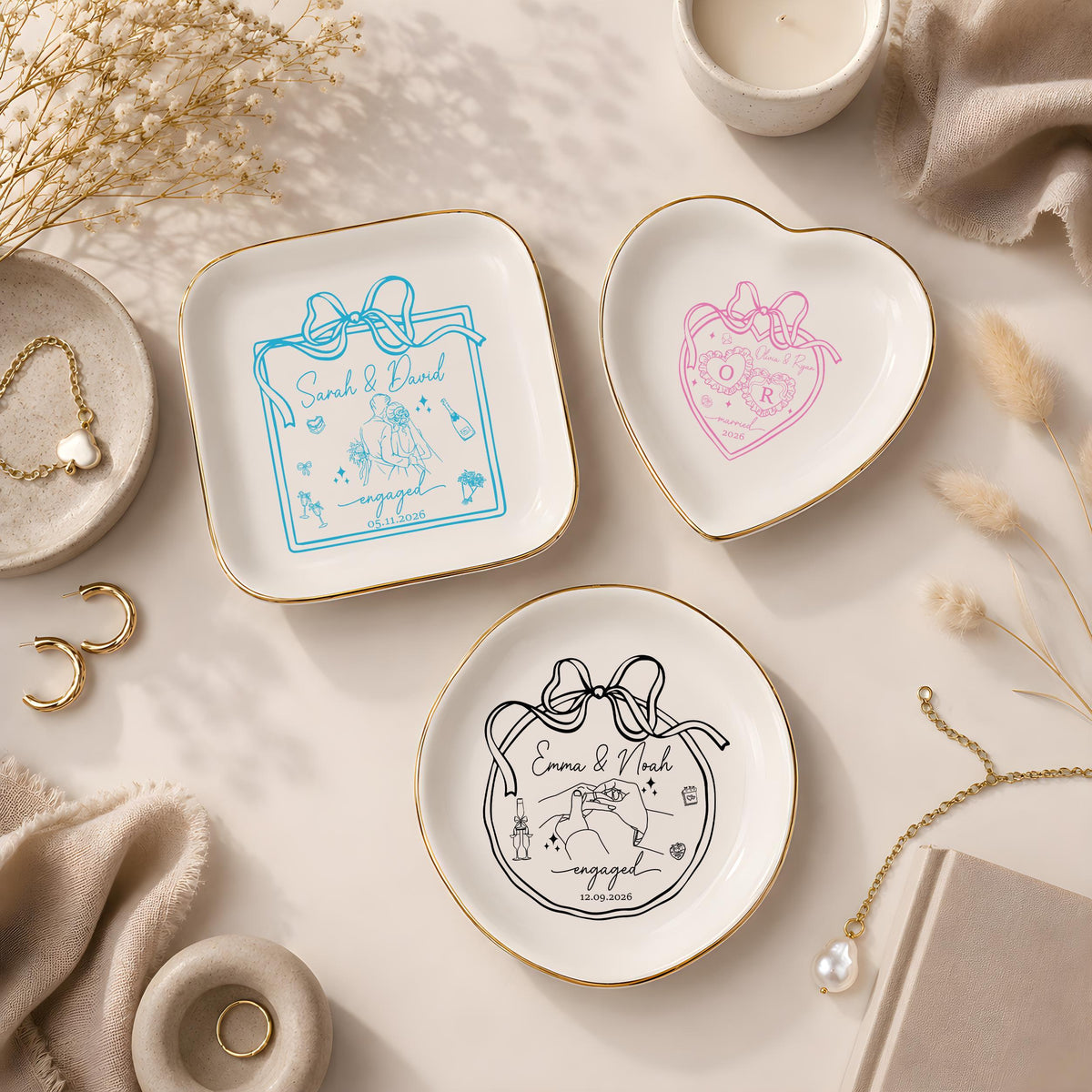 Personalized Engaged Jewelry Dish, Monogrammed Ribbon Frame Trinket Tray