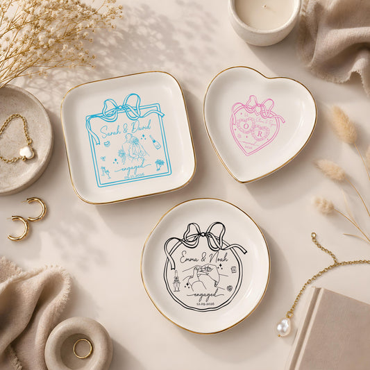 Personalized Engaged Jewelry Dish, Monogrammed Ribbon Frame Trinket Tray