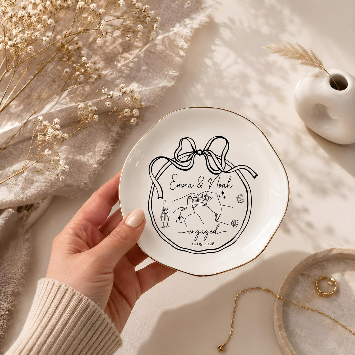 Personalized Engaged Jewelry Dish, Monogrammed Ribbon Frame Trinket Tray