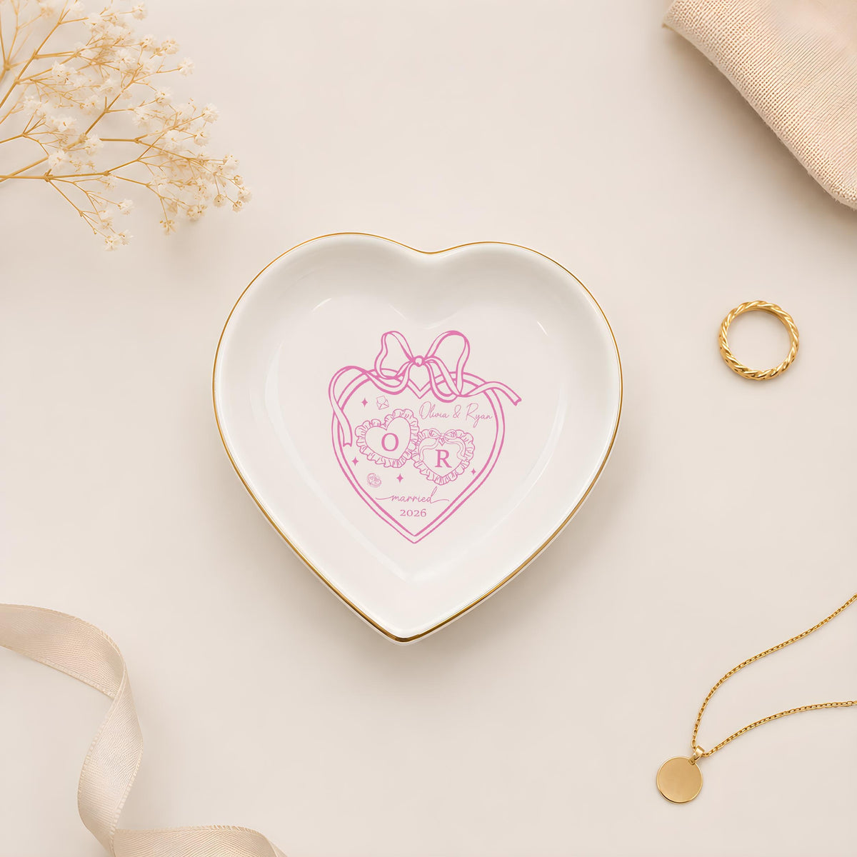Personalized Engaged Jewelry Dish, Monogrammed Ribbon Frame Trinket Tray