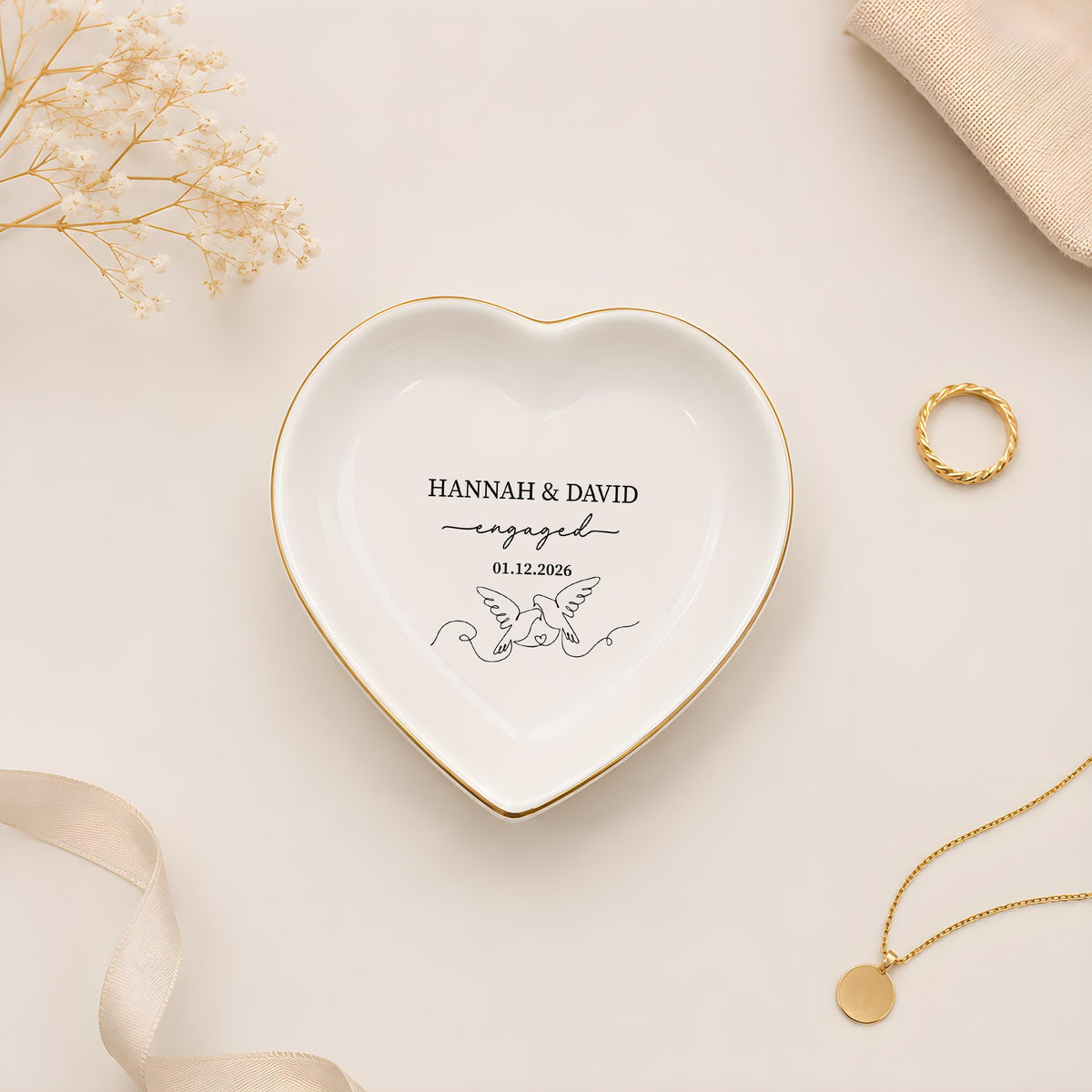 Custom Name Dove Line Art Ceramic Trinket Tray, Personalized Ring Bearer Jewelry Dish with Date