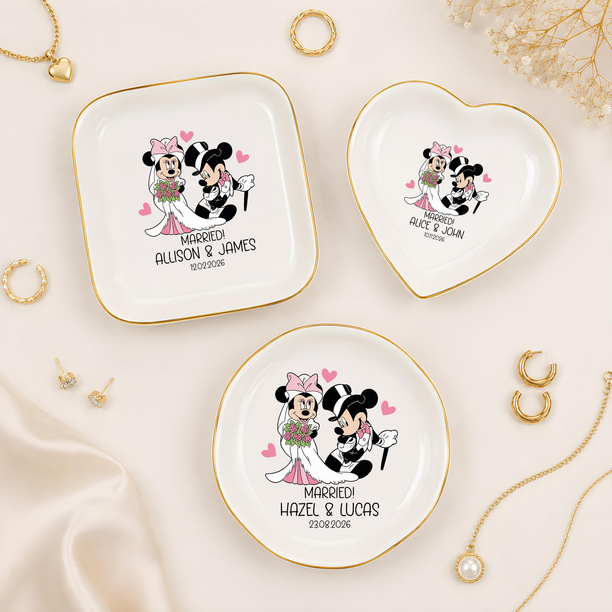 Personalized Cartoon Bride Groom Trinket Tray, Monogrammed Jewelry Plate