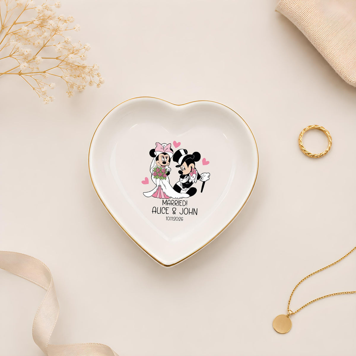 Personalized Cartoon Bride Groom Trinket Tray, Monogrammed Jewelry Plate