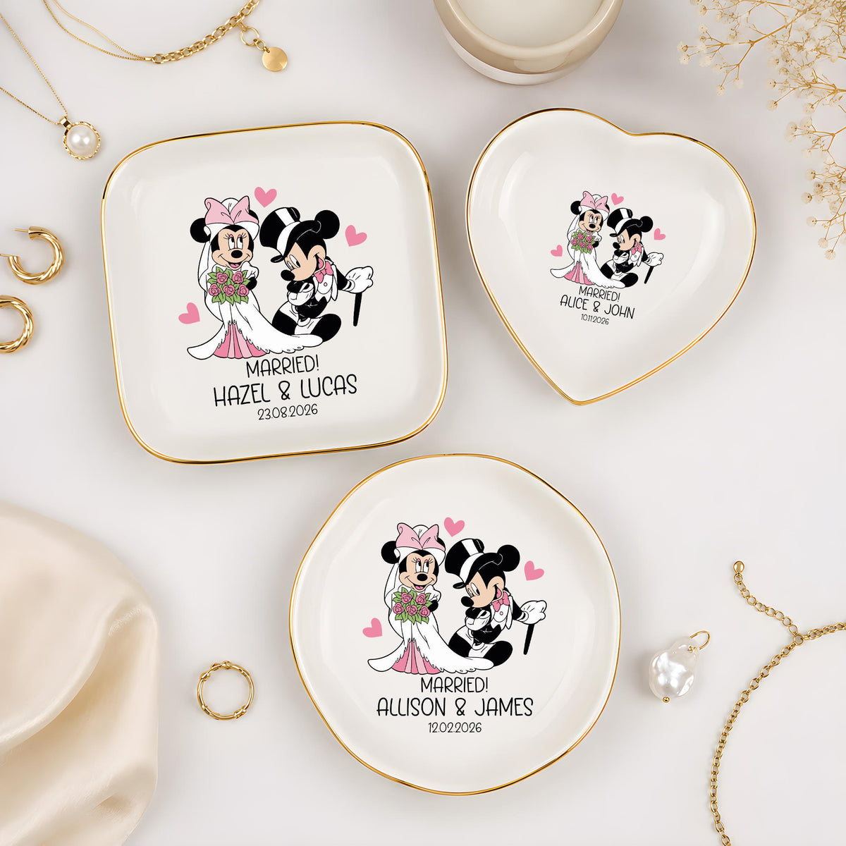Personalized Cartoon Bride Groom Trinket Tray, Monogrammed Jewelry Plate