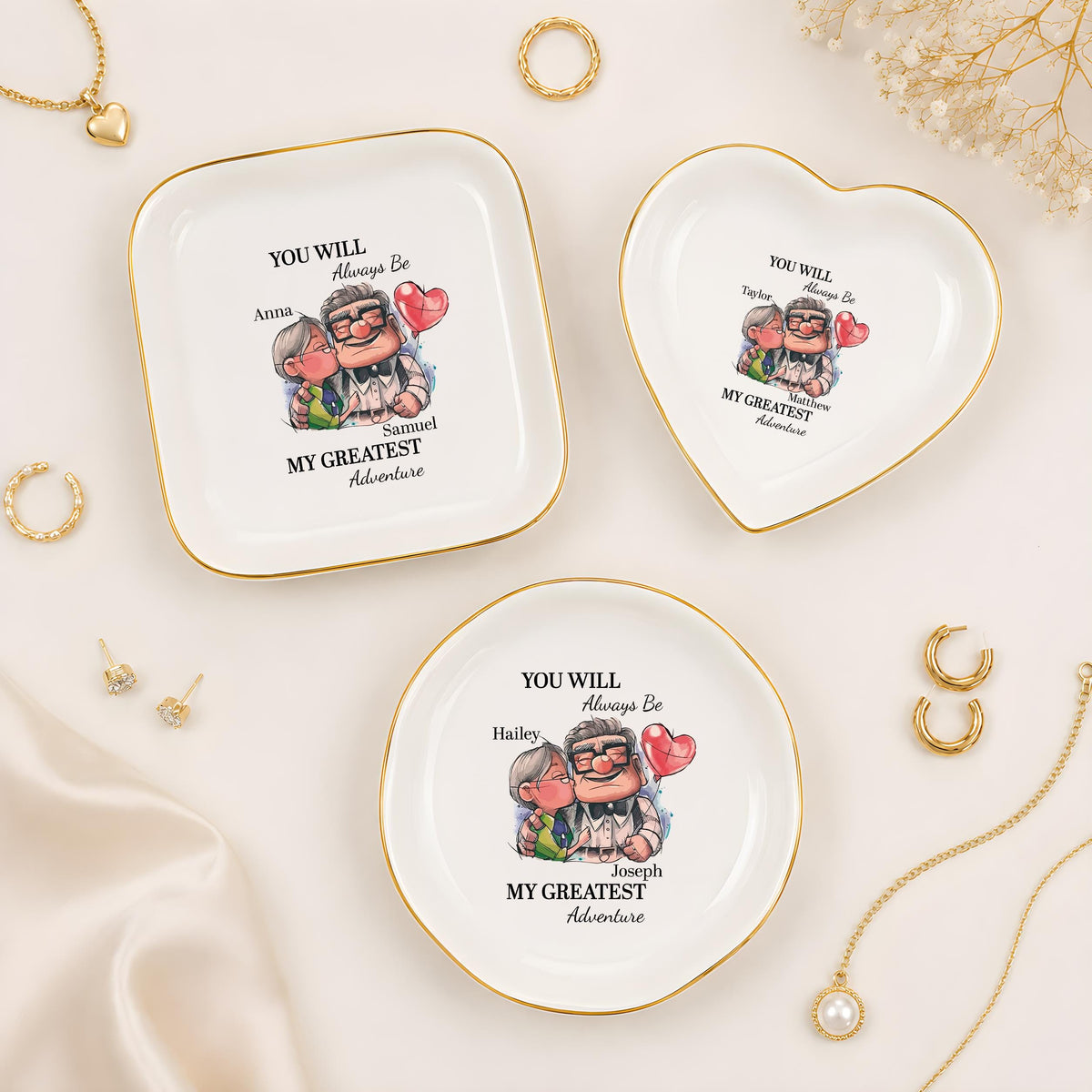 Custom Name Greatest Adventure Quote Ceramic Jewelry Tray, Personalized Romantic Trinket Dish