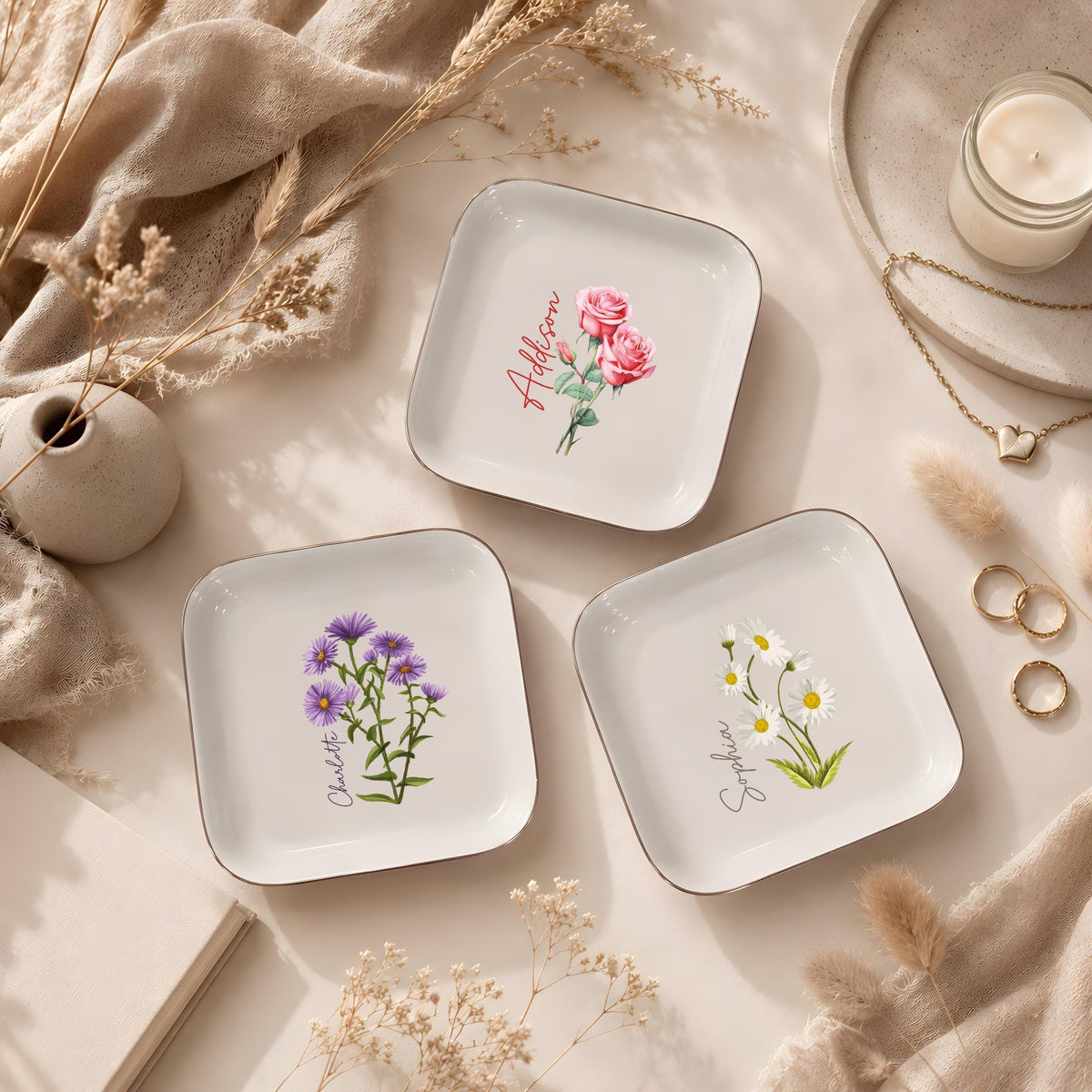 Personalized Floral Botanical Jewelry Holder Dish