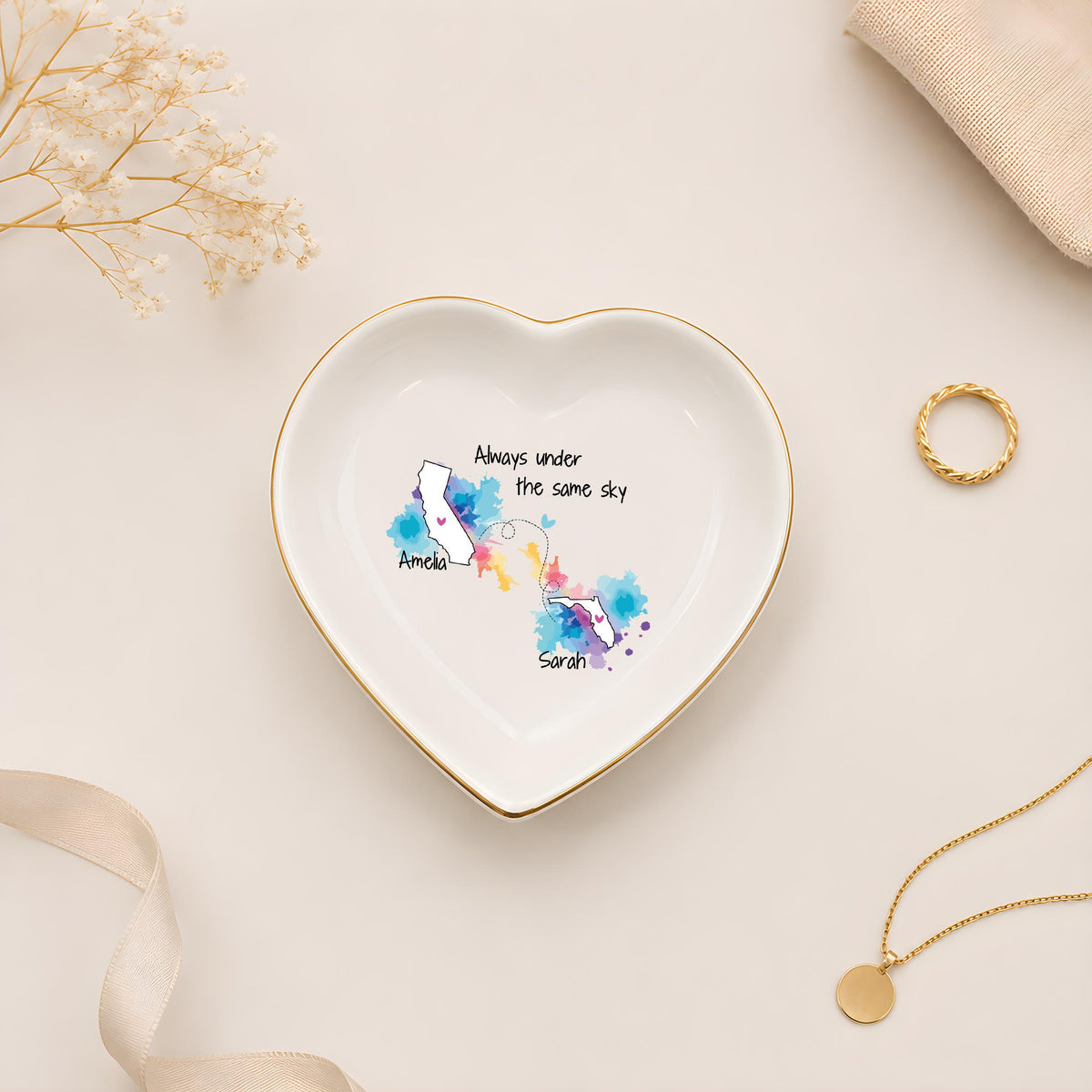 Personalized Long Distance States Jewelry Dish, Always Under the Same Sky Ring Holder Plate