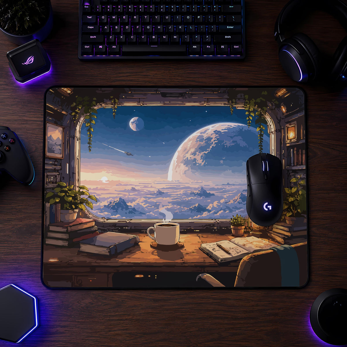Personalized Sci-Fi Window Desk Mat, Space Landscape Mousepad, Gamer Gaming Setup Accessory Gift