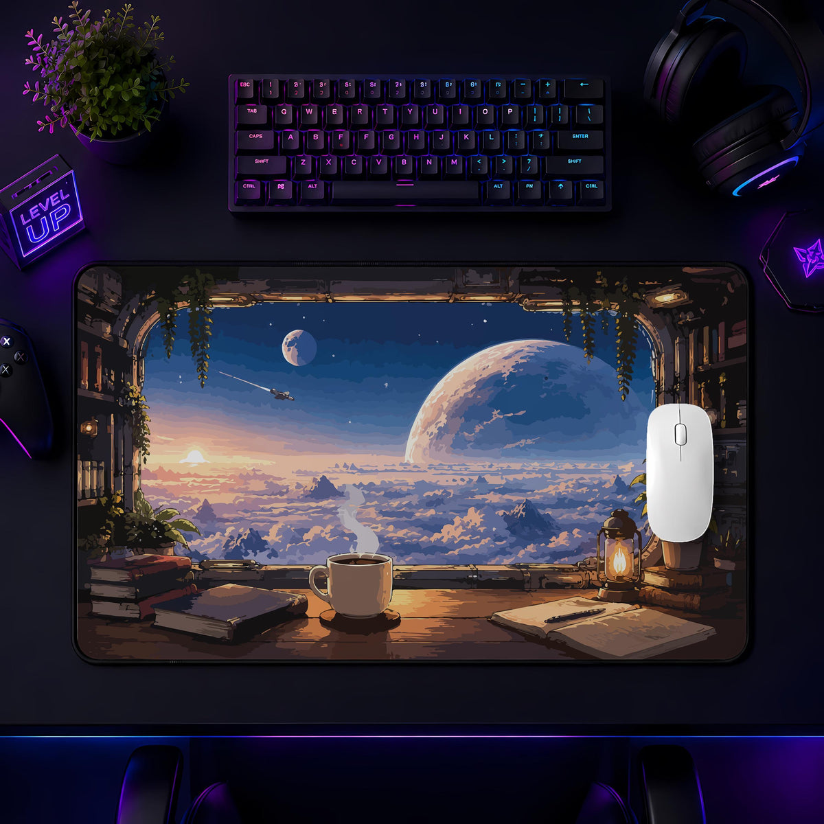 Personalized Sci-Fi Window Desk Mat, Space Landscape Mousepad, Gamer Gaming Setup Accessory Gift