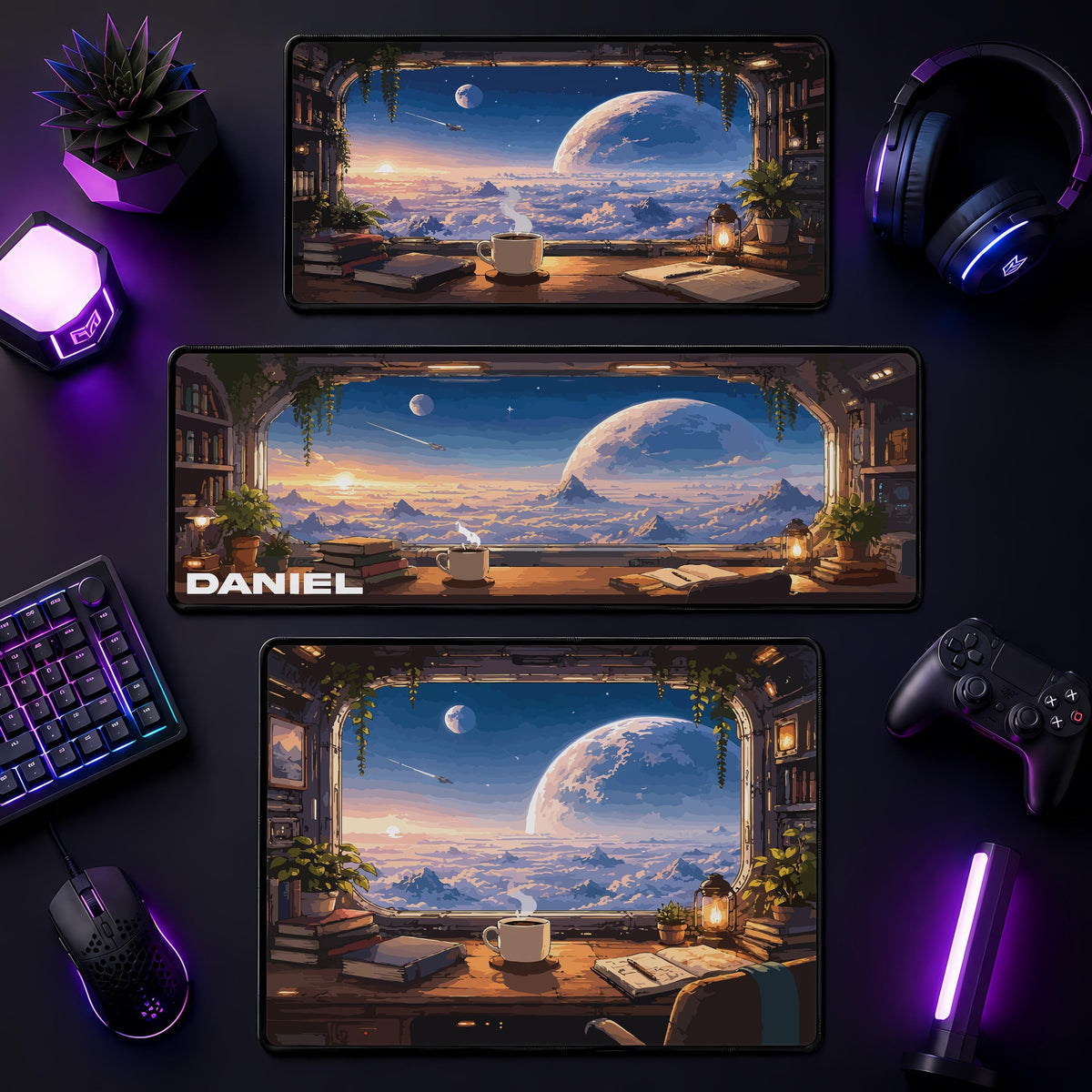 Personalized Sci-Fi Window Desk Mat, Space Landscape Mousepad, Gamer Gaming Setup Accessory Gift