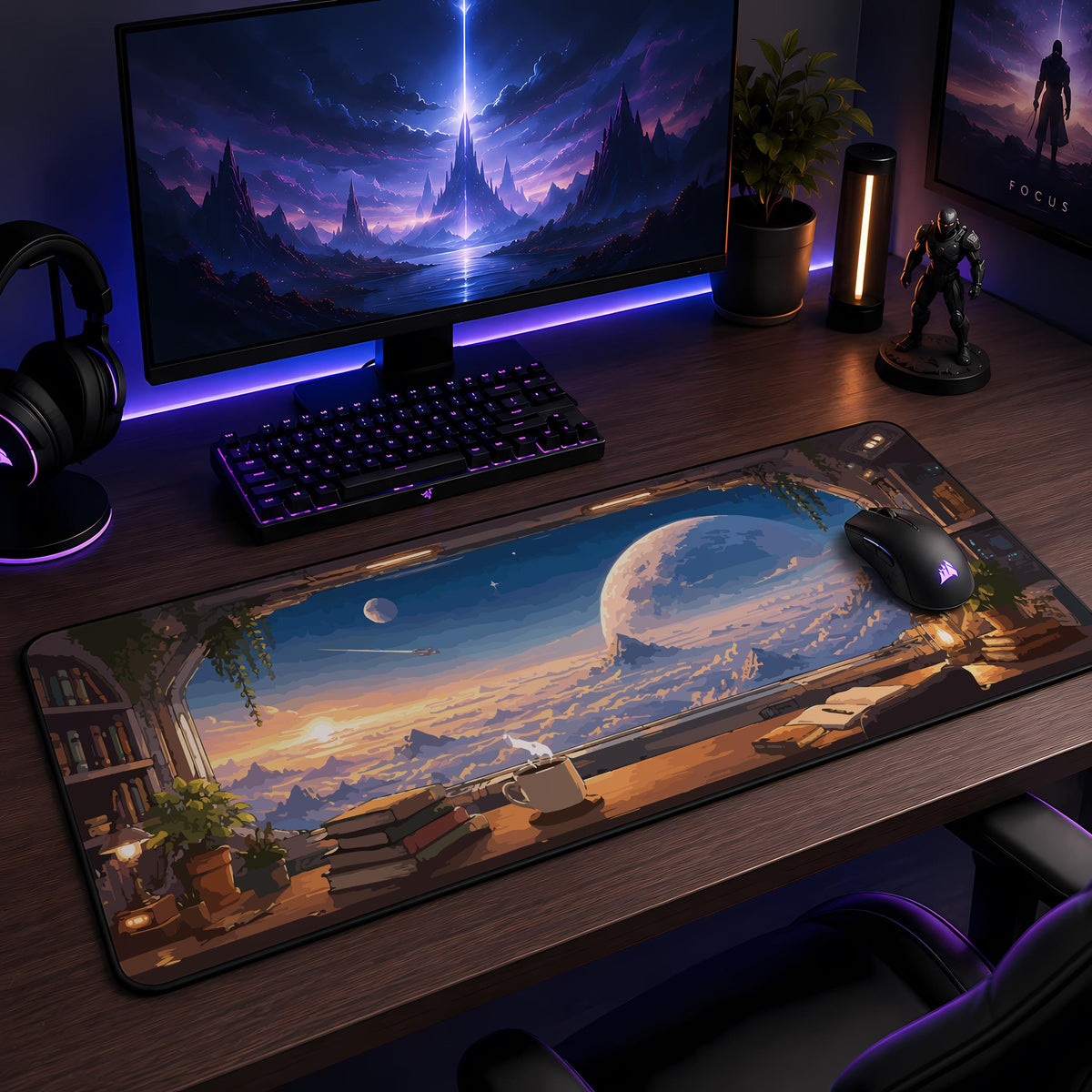 Personalized Sci-Fi Window Desk Mat, Space Landscape Mousepad, Gamer Gaming Setup Accessory Gift