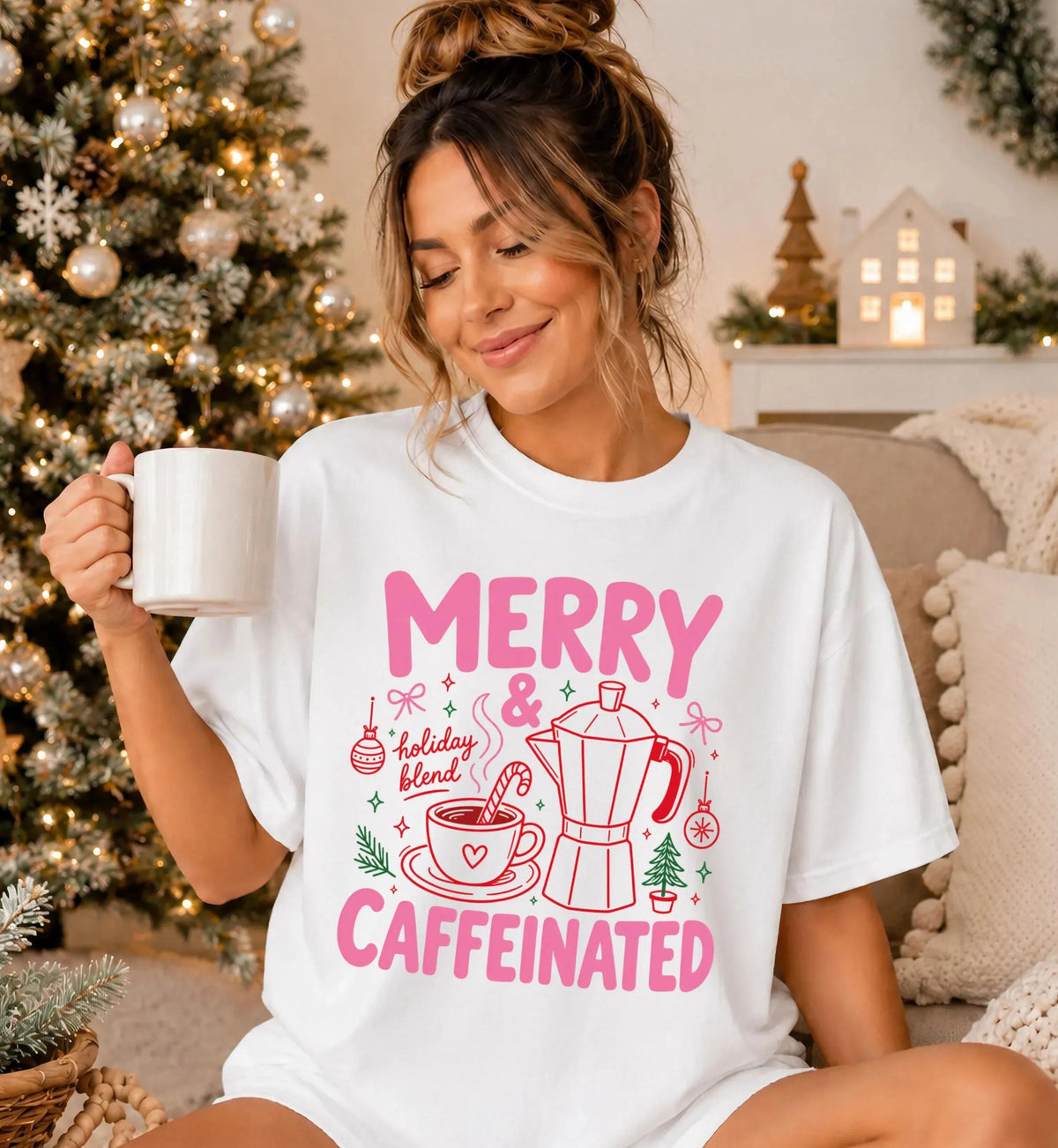 Merry and Caffeinated Comfort Colors® T-Shirt, Funny Christmas Tee, Coffee Lover Holiday Gift