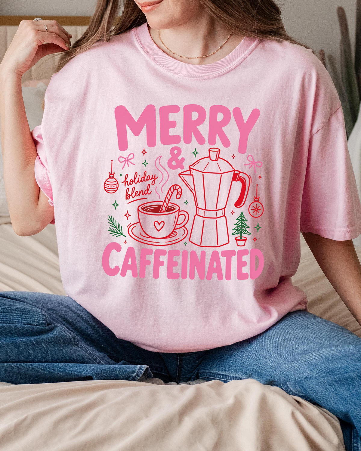 Merry and Caffeinated Comfort Colors® T-Shirt, Funny Christmas Tee, Coffee Lover Holiday Gift