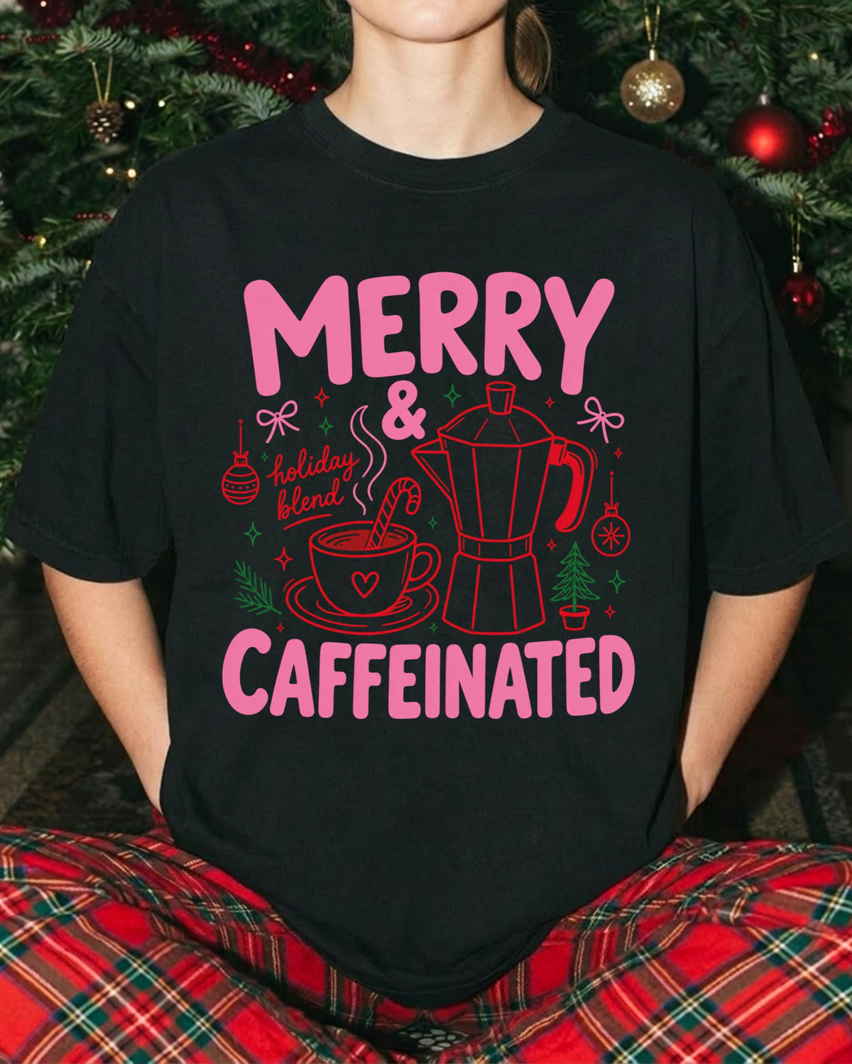 Merry Christmas Comfort Colors® T-shirt, Merry and Caffeinated Tee, Coffee Lover Holiday Gift