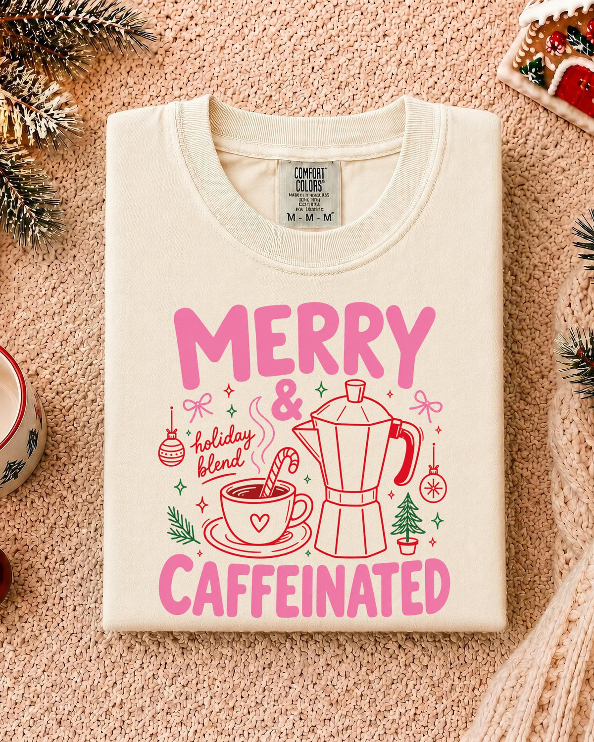Merry Christmas Comfort Colors® T-shirt, Merry and Caffeinated Tee, Coffee Lover Holiday Gift