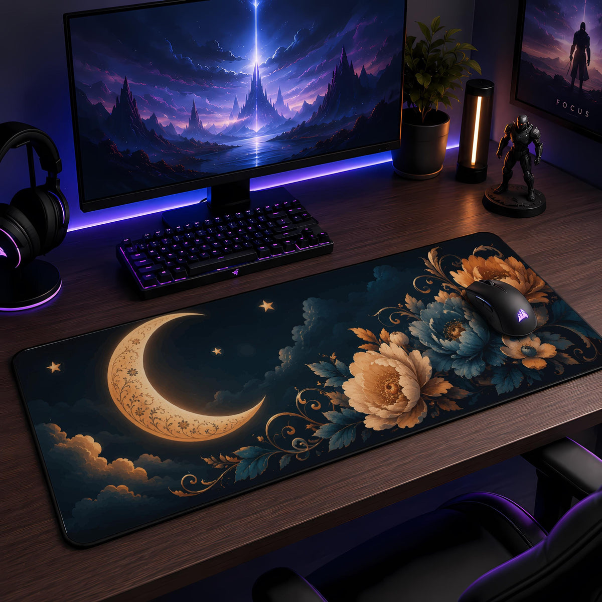 Personalized Floral Moon Desk Mat, Celestial Office Decor, Custom Name Mouse Pad