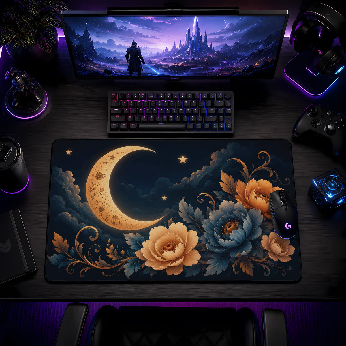 Personalized Floral Moon Desk Mat, Celestial Office Decor, Custom Name Mouse Pad