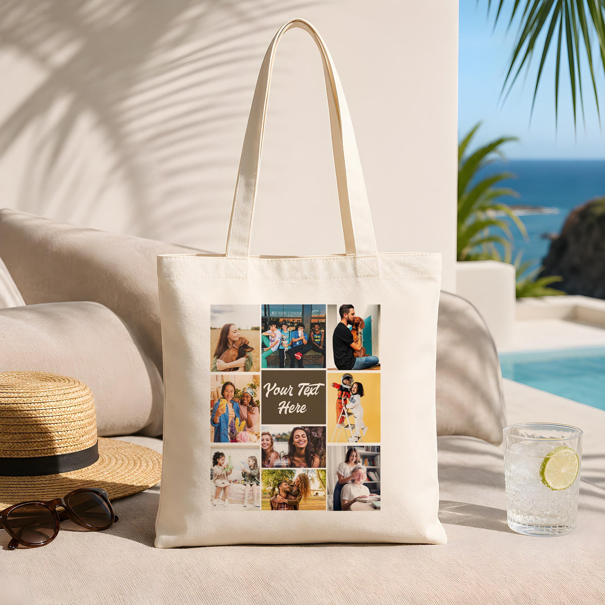 Personalized Photo Collage Tote Bag, Custom Picture Canvas Bag with Text