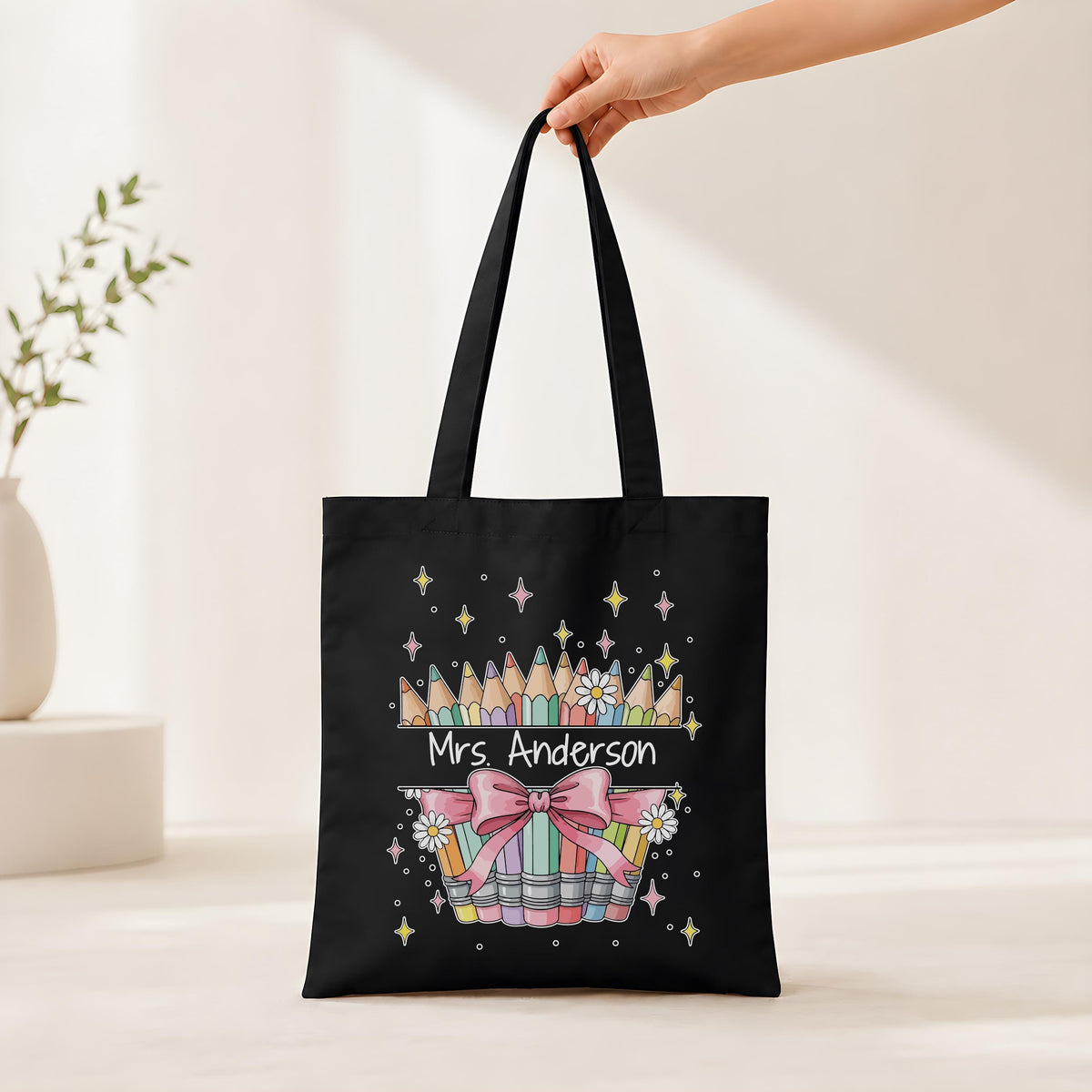 Custom Name Teacher Canvas Bag with Pencils Coquette Bow, Personalized Teacher Tote Bag