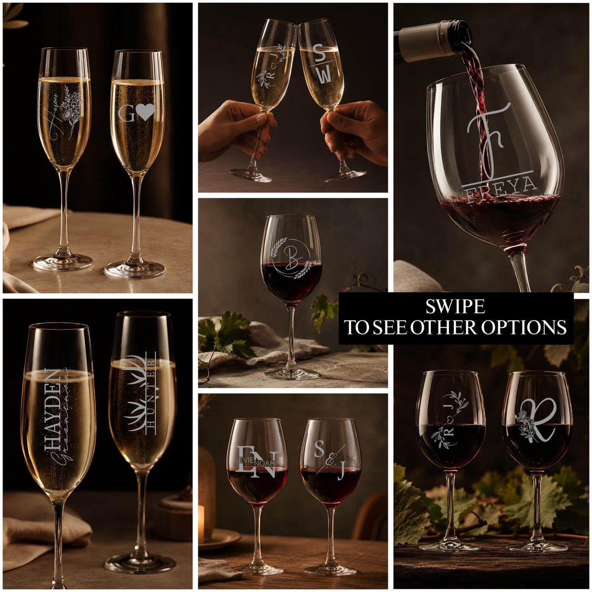 Personalized Engraved Wine Glasses, Custom Monogram Champagne Flutes for Weddings