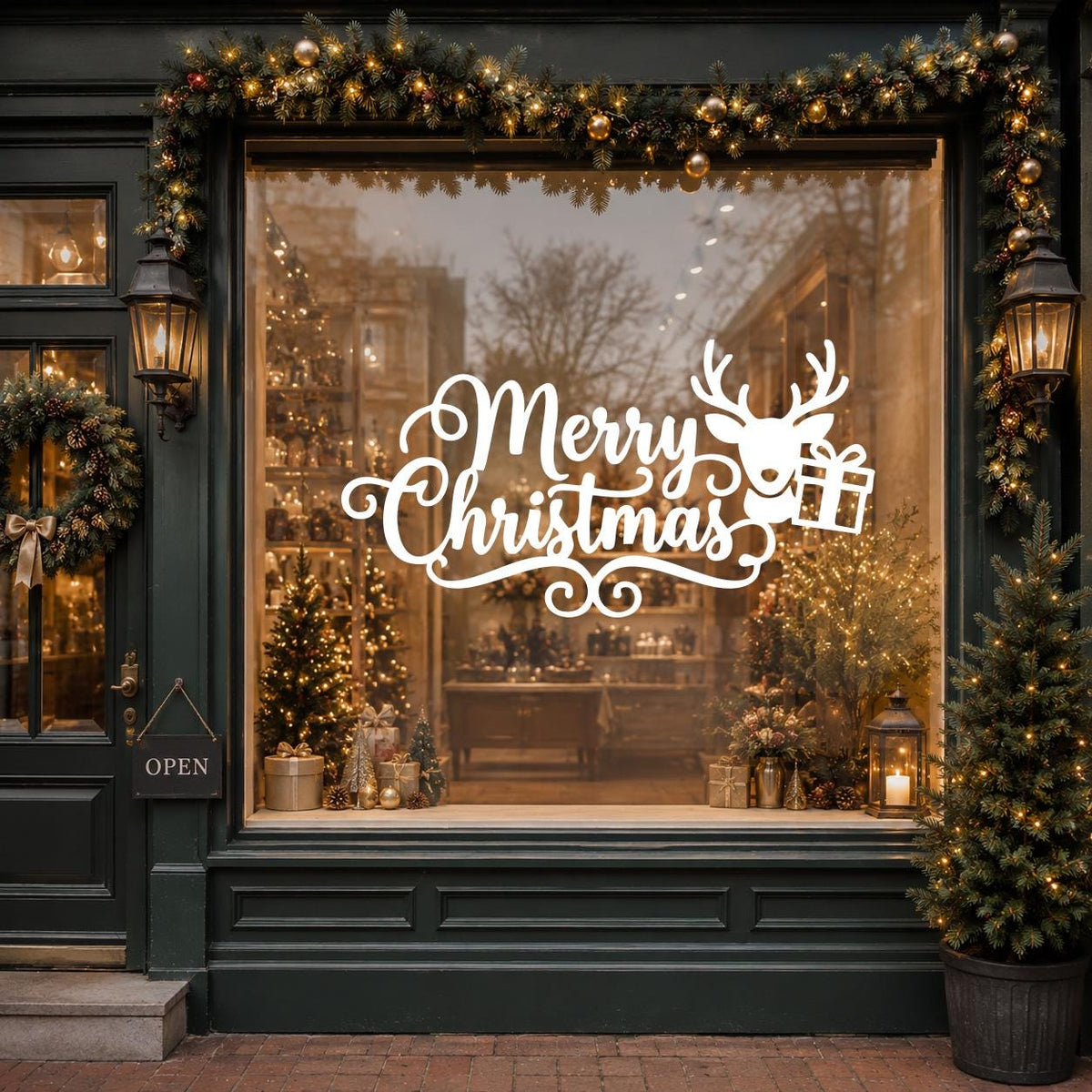 Merry Christmas Storefront Vinyl Sticker, Holiday Shop Window Decal
