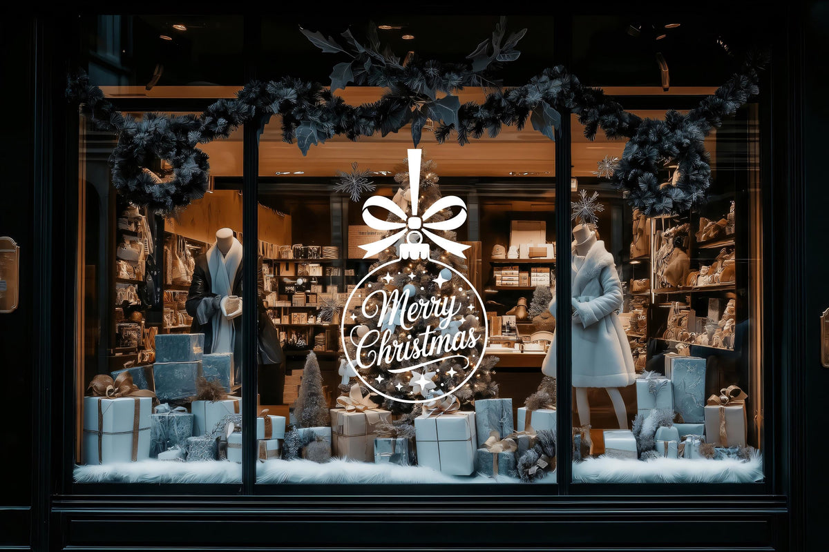 Merry Christmas Window Decal, Festive Shop Ornament Vinyl Sticker