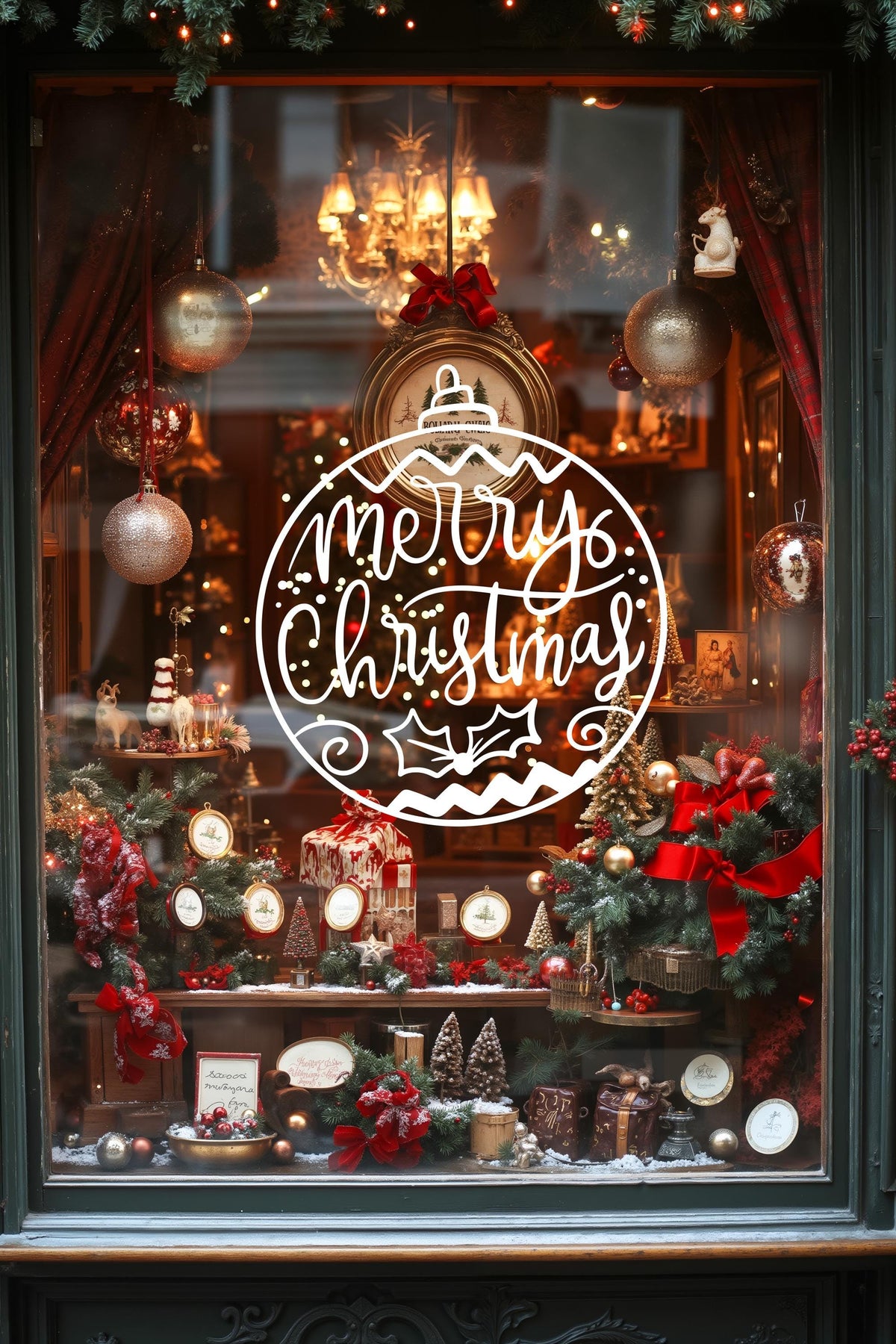 Merry Christmas Window Decal, Festive Shop Ornament Vinyl Sticker