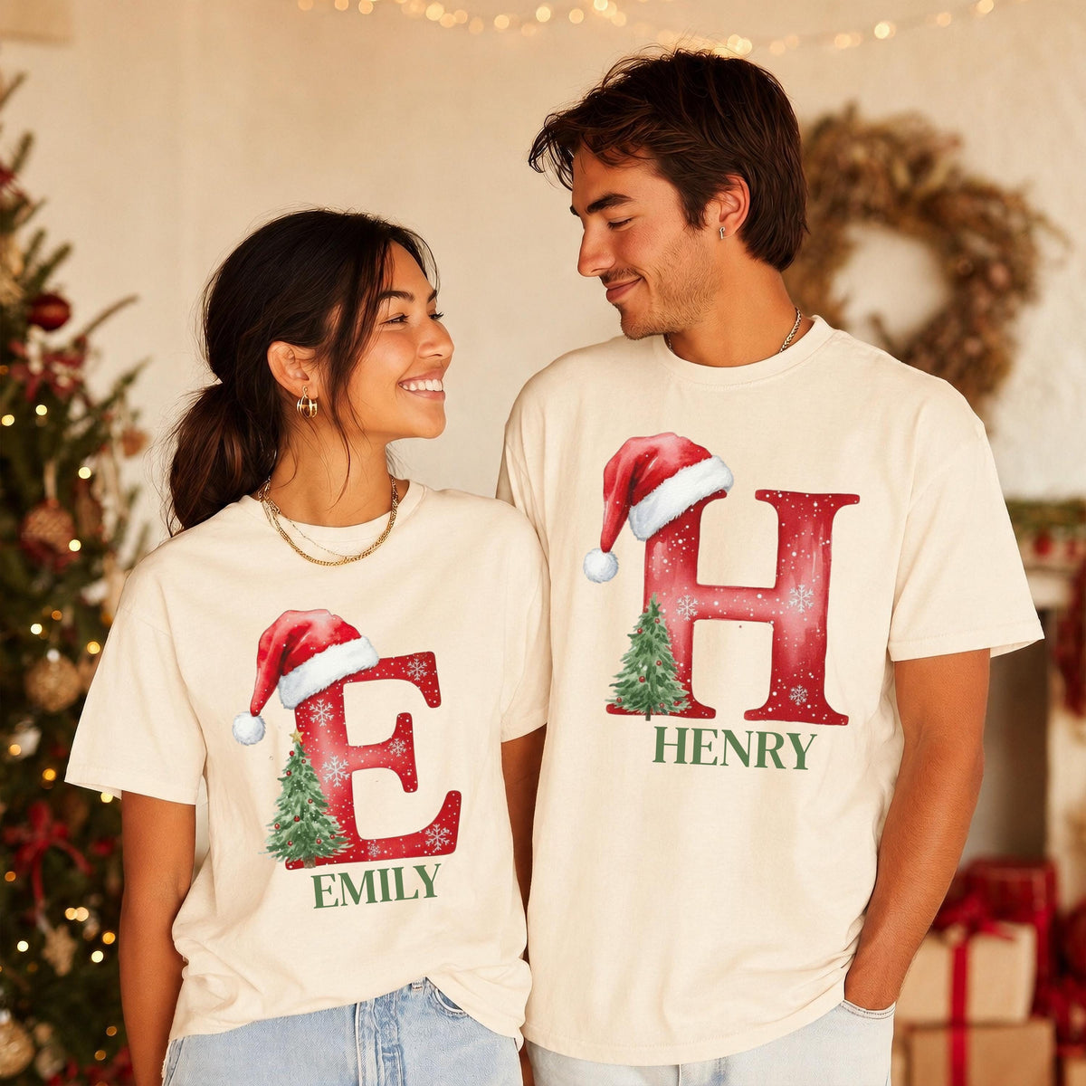 Monogram Name Christmas Shirt, Custom Christmas Letter Tee, Xmas Family Matching Sweater