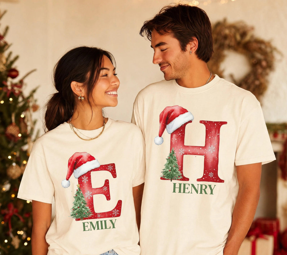 Personalized Santa Hat Comfort Colors® Shirt, Family Matching Xmas Tee, Christmas Group Crewneck
