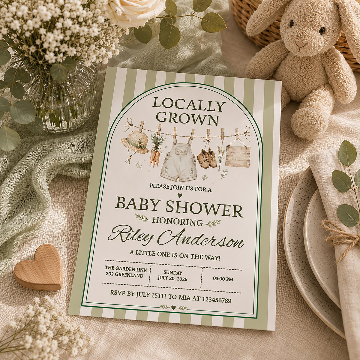 Locally Grown Baby Shower Invitation, Sage Gingham, Garden Theme (Printed)