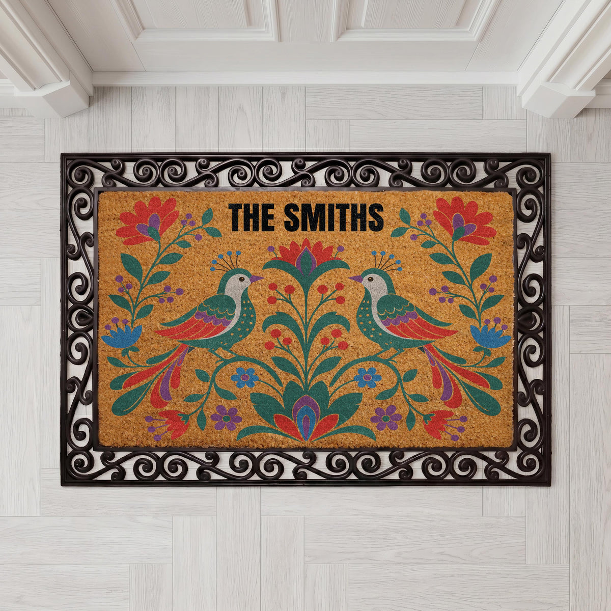 Personalized Folk Art Floral Bird Doormat, Custom Family Name Welcome Mat