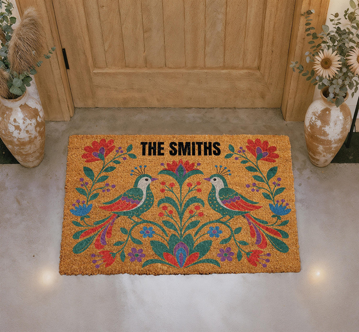 Personalized Folk Art Floral Bird Doormat, Custom Family Name Welcome Mat