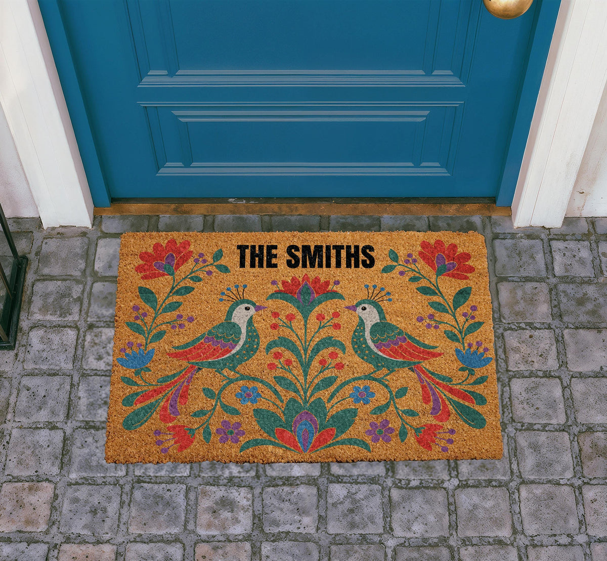 Personalized Folk Art Floral Bird Doormat, Custom Family Name Welcome Mat