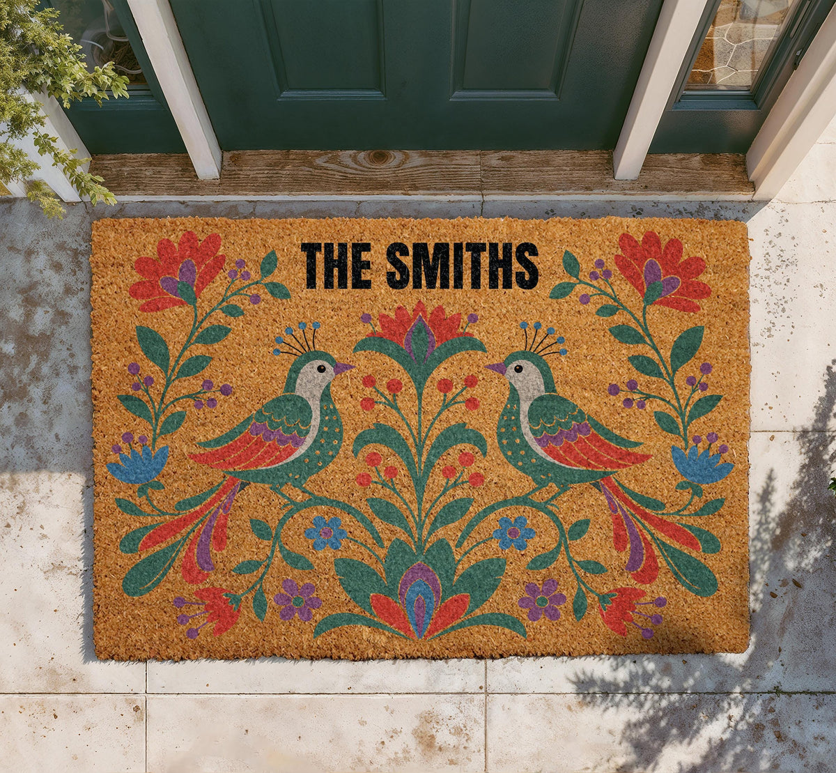Personalized Folk Art Floral Bird Doormat, Custom Family Name Welcome Mat