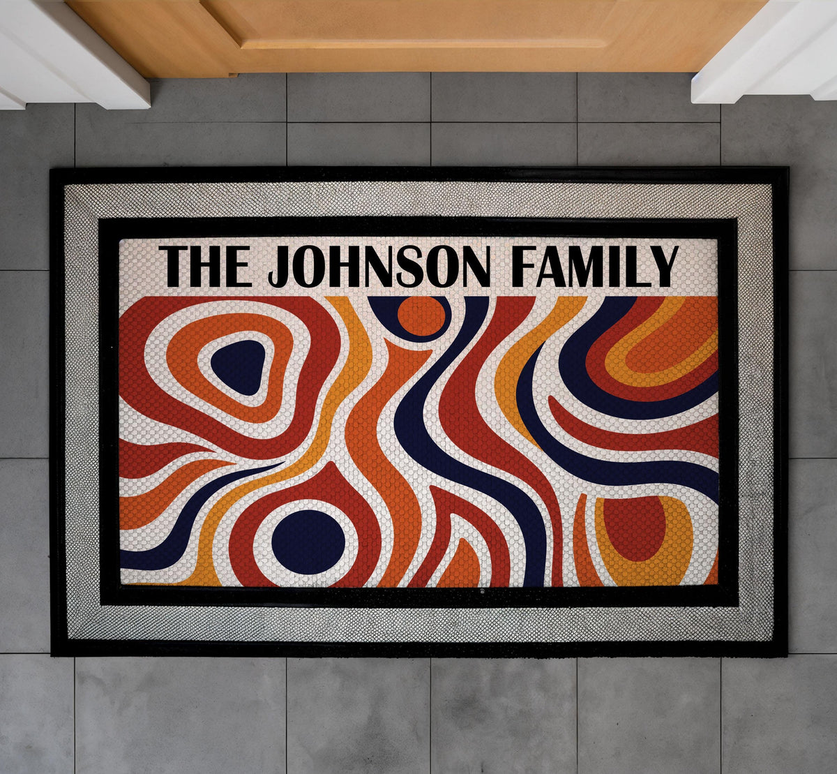 Custom Family Name Doormat, Retro Abstract Wavy Design, Mid Century Welcome Mat