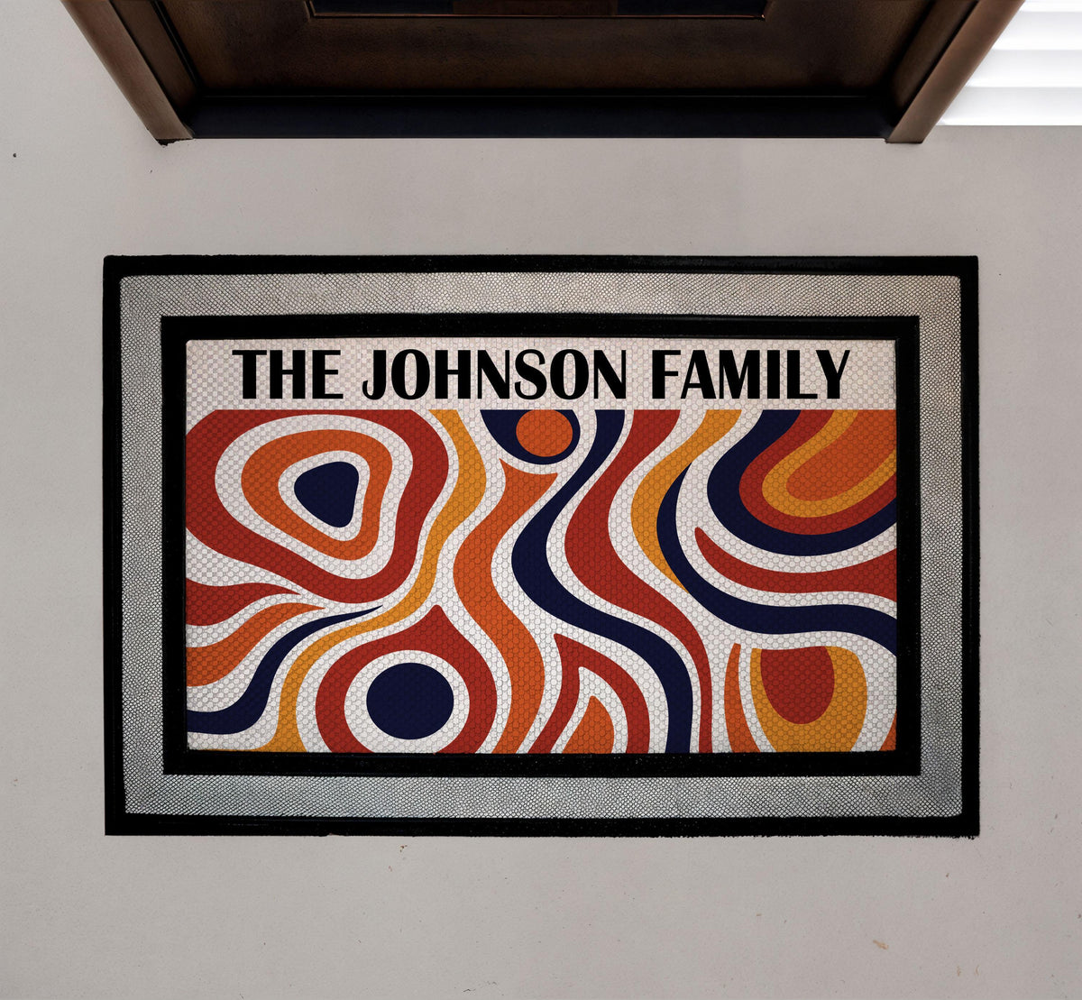 Custom Family Name Doormat, Retro Abstract Wavy Design, Mid Century Welcome Mat