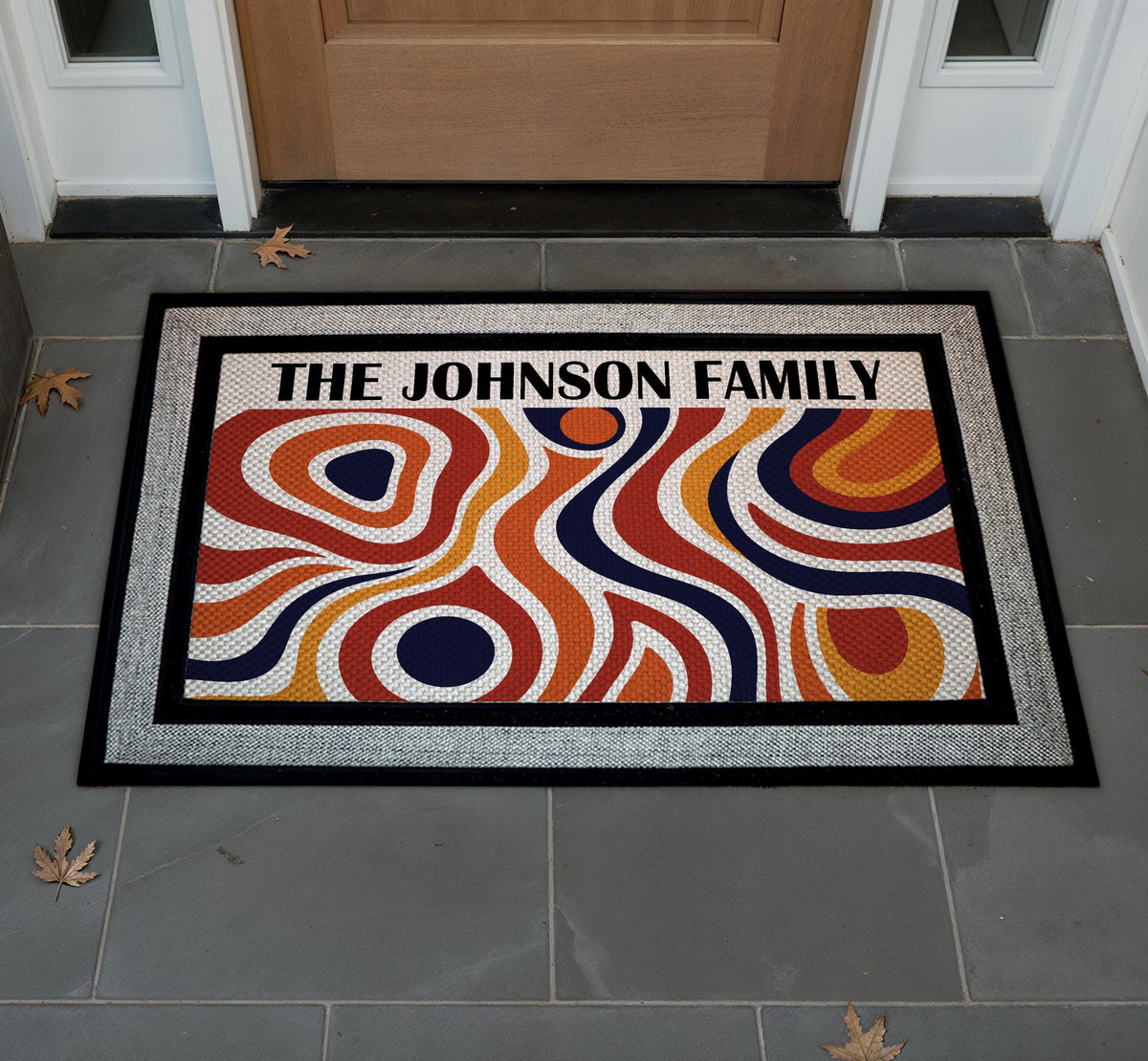 Custom Family Name Doormat, Retro Abstract Wavy Design, Mid Century Welcome Mat