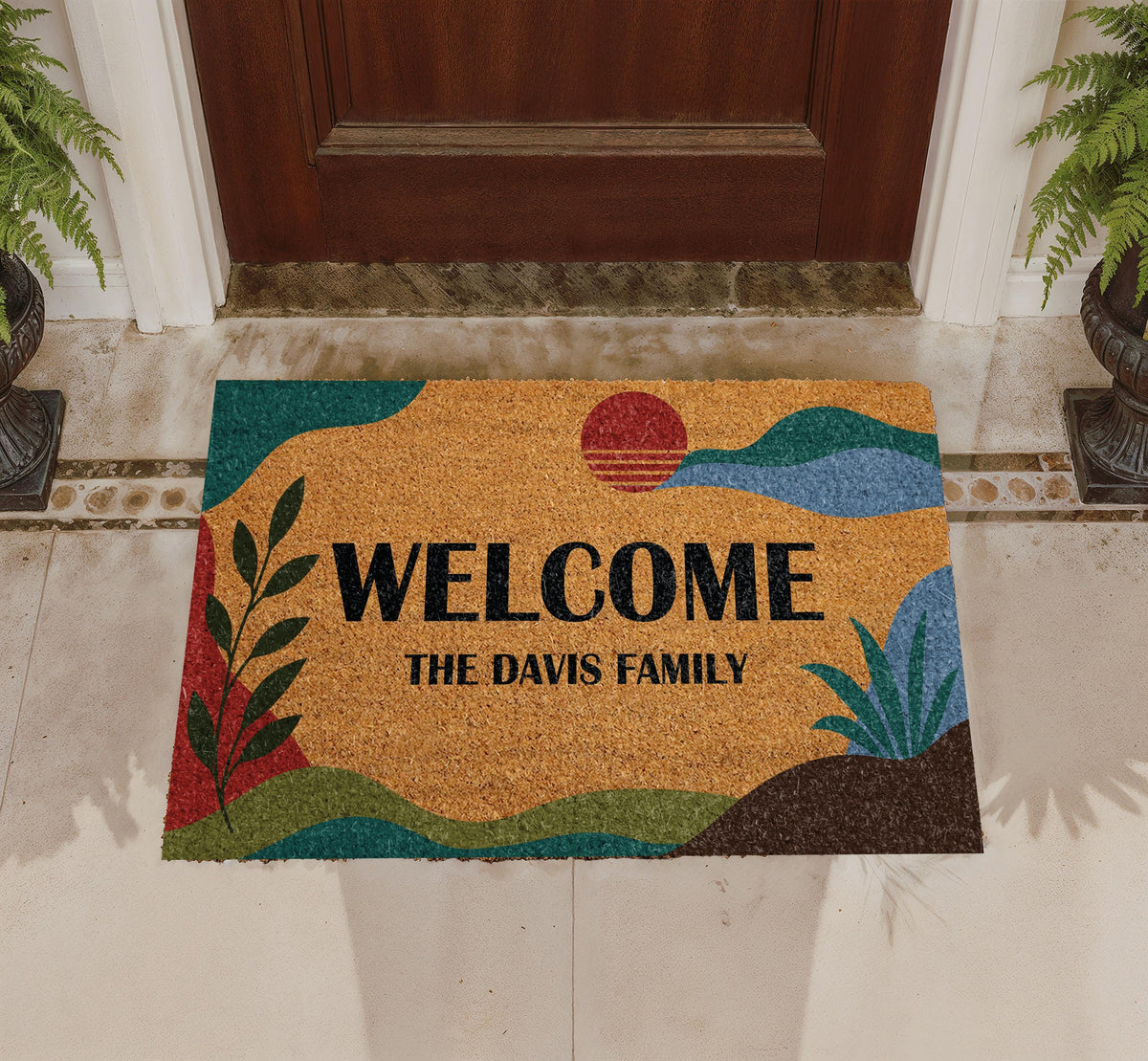 Personalized Boho Sunset Doormat, Mid Century Abstract Welcome Mat, Family Name Housewarming Gift