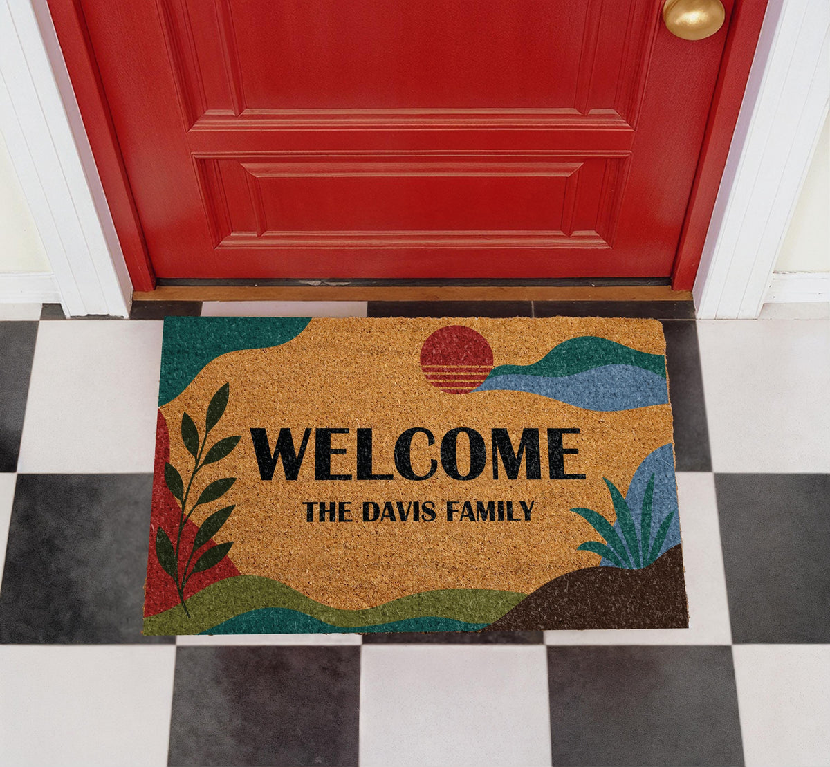 Personalized Boho Sunset Doormat, Mid Century Abstract Welcome Mat, Family Name Housewarming Gift