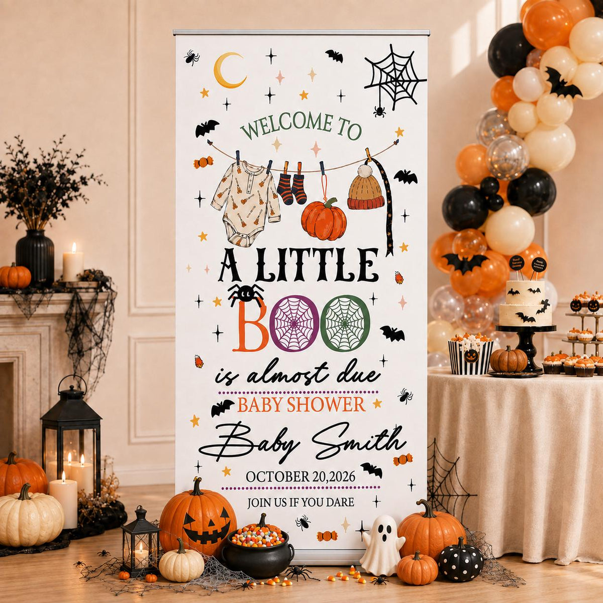 Personalized Halloween Baby Shower Banner, Little Boo Backdrop, Custom Name Decor Poster