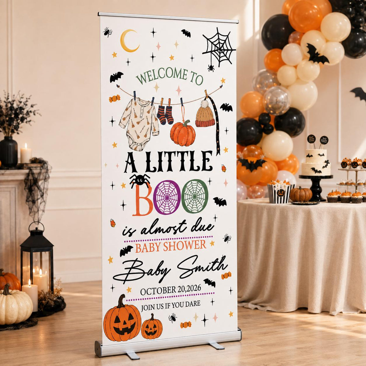 Personalized Halloween Baby Shower Banner, Little Boo Backdrop, Custom Name Decor Poster