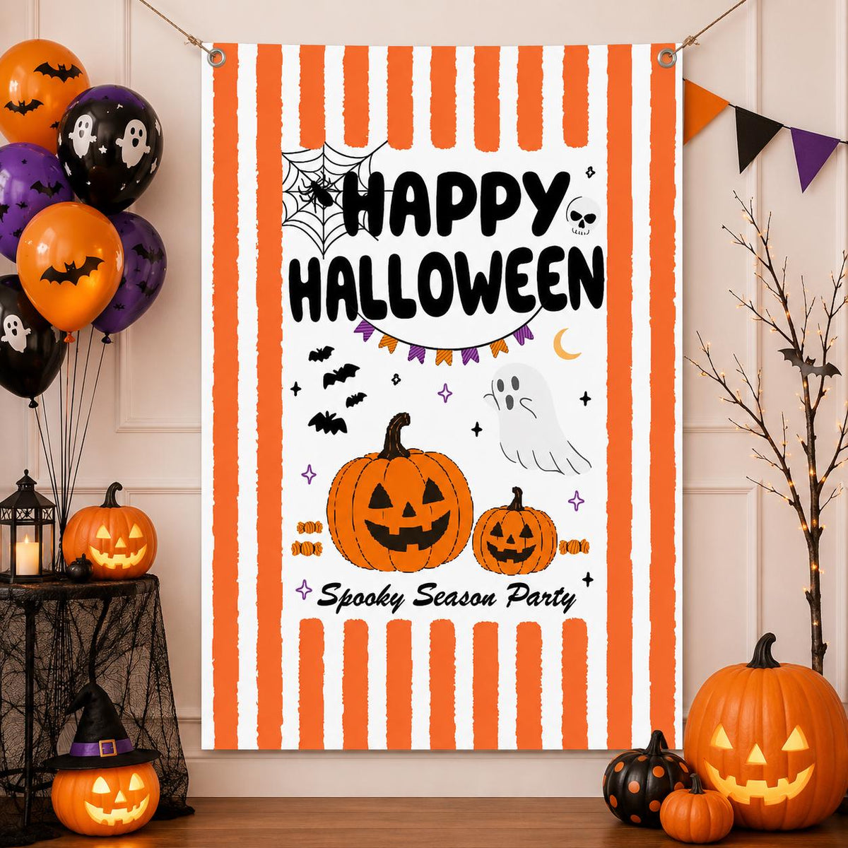 Happy Halloween Backdrop Banner with Grommets, Spooky Season Party Decor, Pumpkin and Ghost Halloween Photo Booth Background