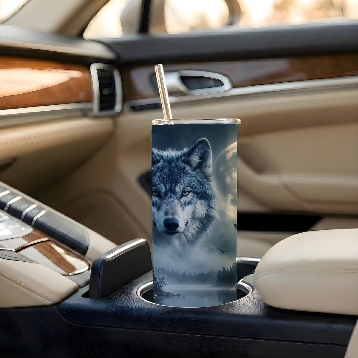 Wolf Moon Forest Tumbler, Mystical Night Travel Mug, Wildlife Nature Cup