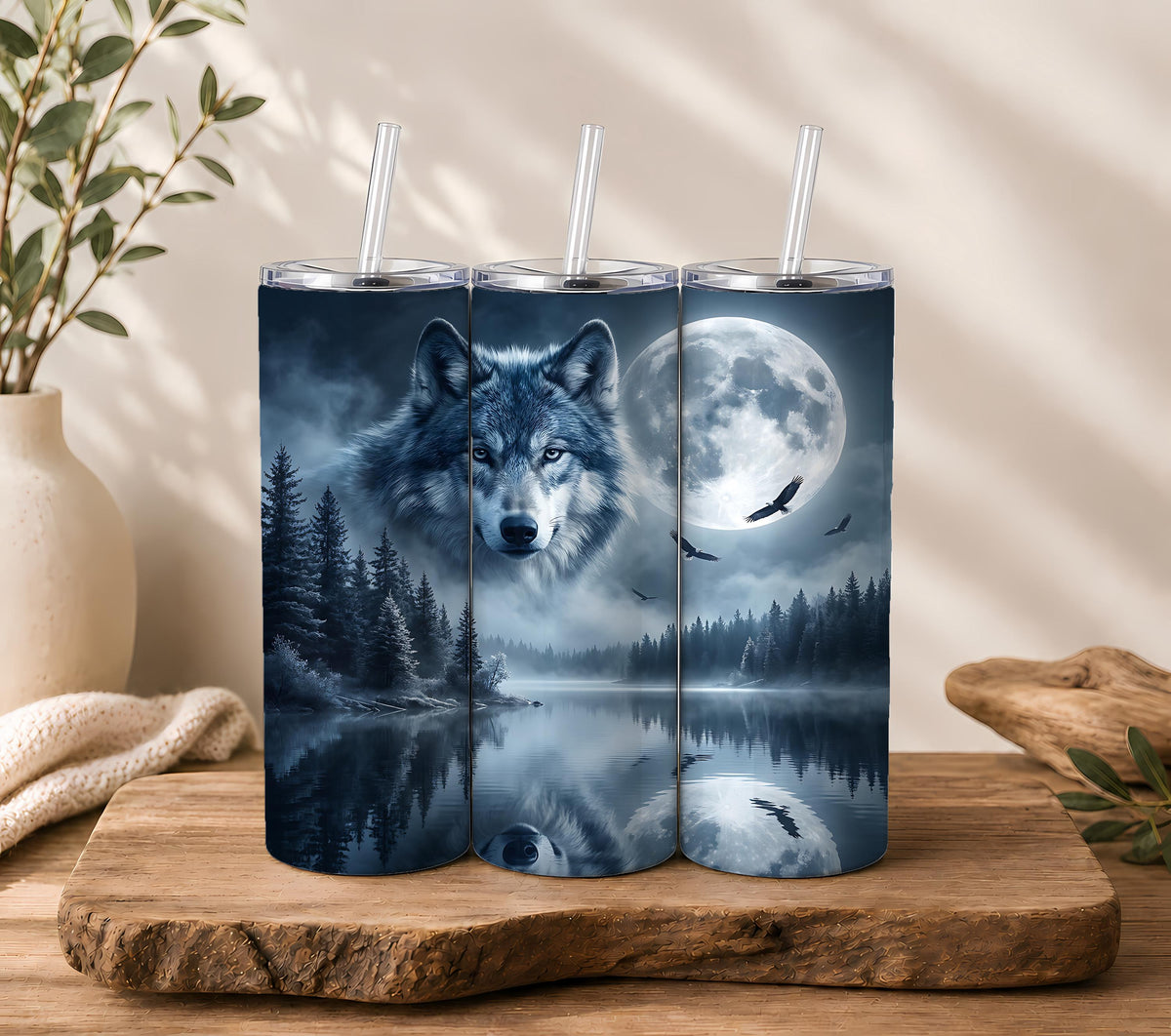 Wolf Moon Forest Tumbler, Mystical Night Travel Mug, Wildlife Nature Cup