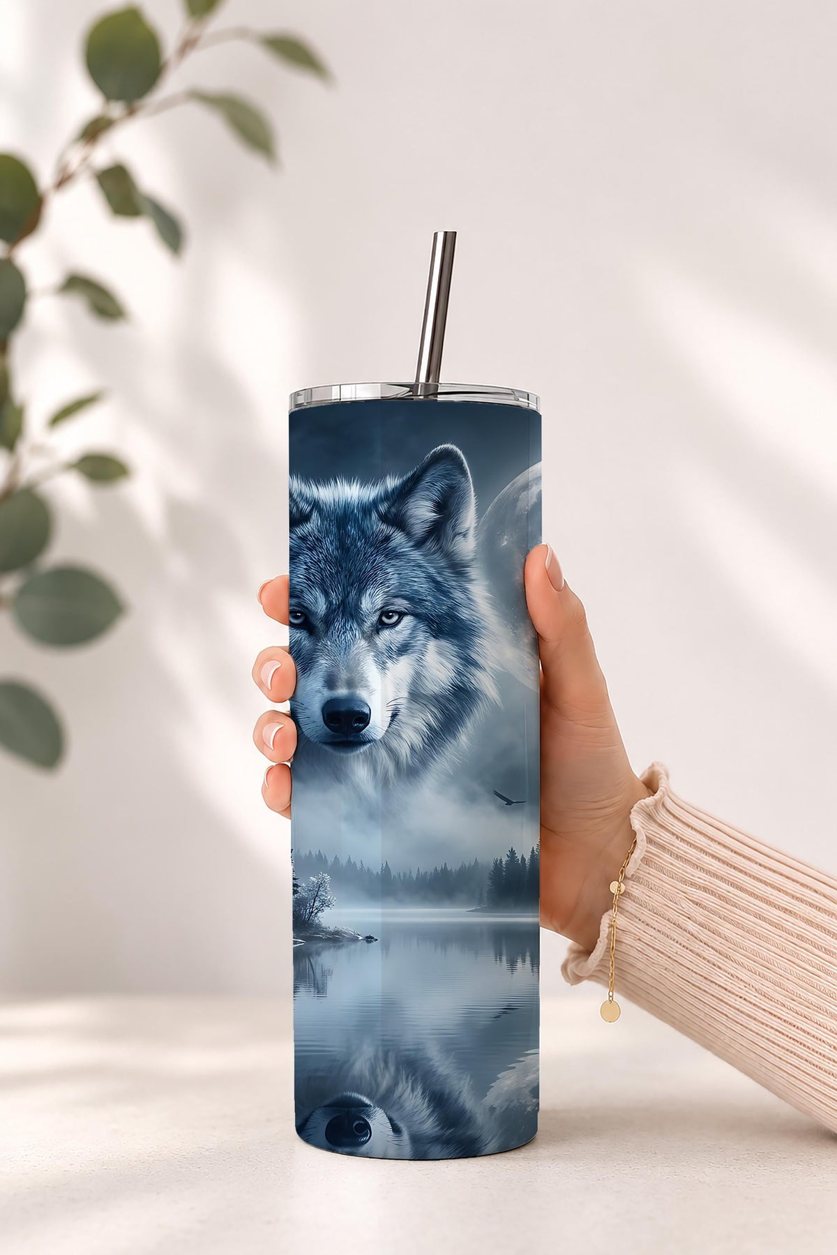 Wolf Moon Forest Tumbler, Mystical Night Travel Mug, Wildlife Nature Cup