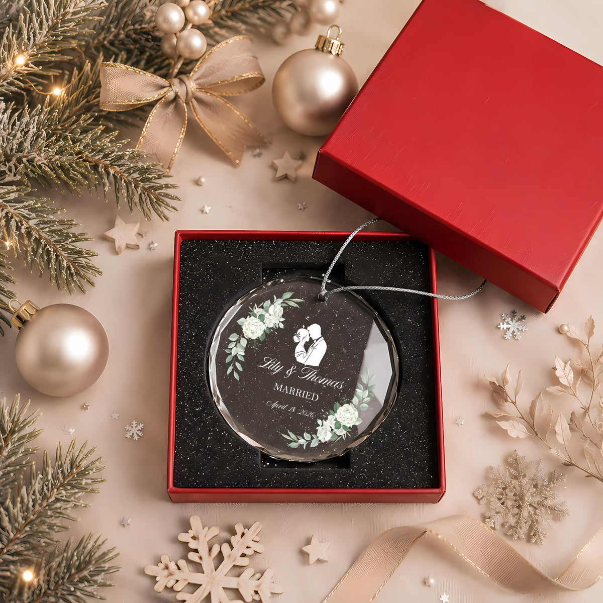 Custom Name & Date Married Crystal Glass Ornament