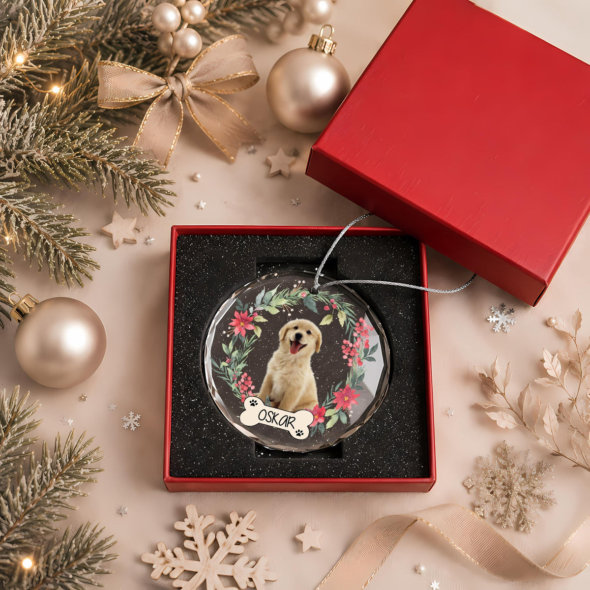 Personalized Dog Photo & Name Ornament, Floral Puppy Lover Christmas Gift