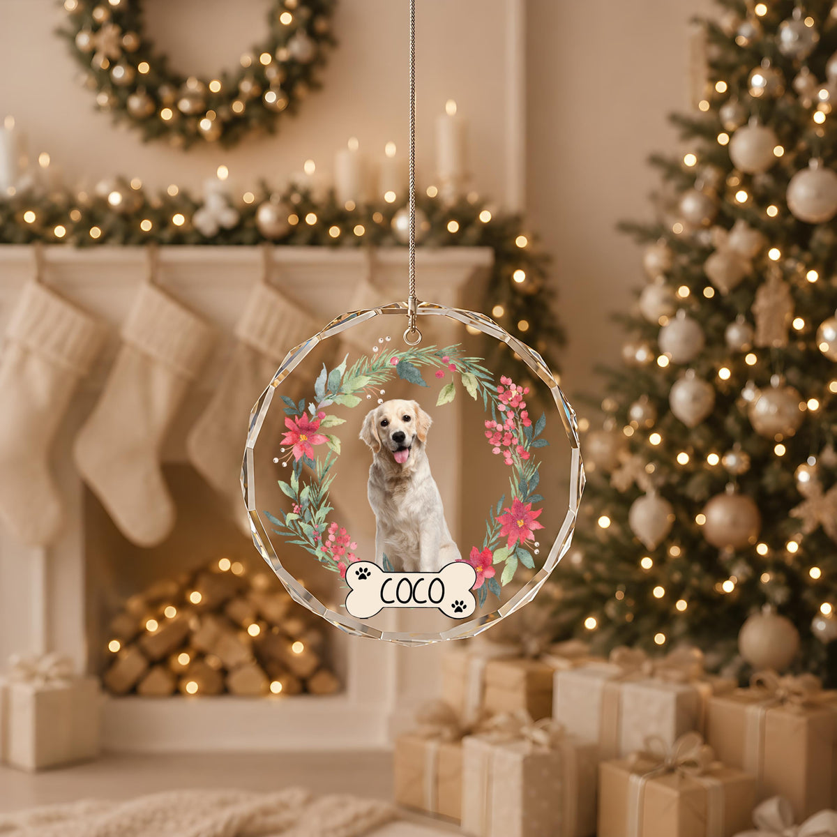 Personalized Dog Photo & Name Ornament, Floral Puppy Lover Christmas Gift
