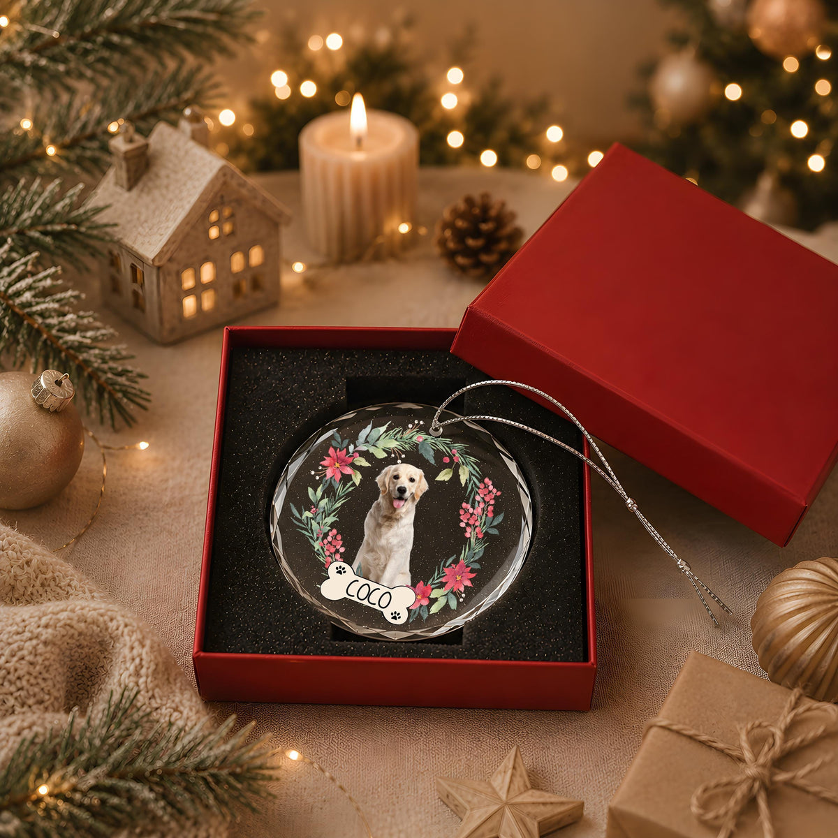 Personalized Dog Photo & Name Ornament, Floral Puppy Lover Christmas Gift