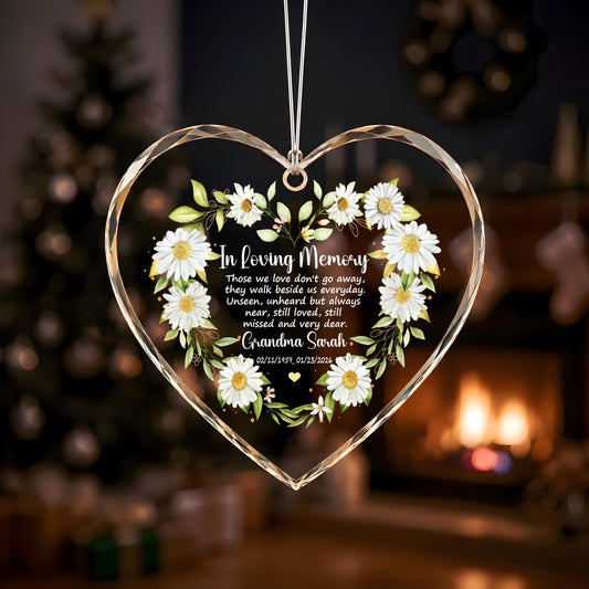 Custom Name & Date In Loving Memory Glass Ornament, Daisy Flower Memorial Heart Keepsake